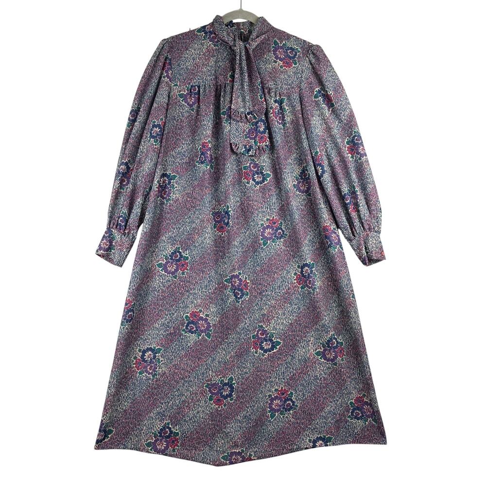 Vintage 70s Flutterbye High Neck Tie Dress Women's Medium Abstract Floral Purple